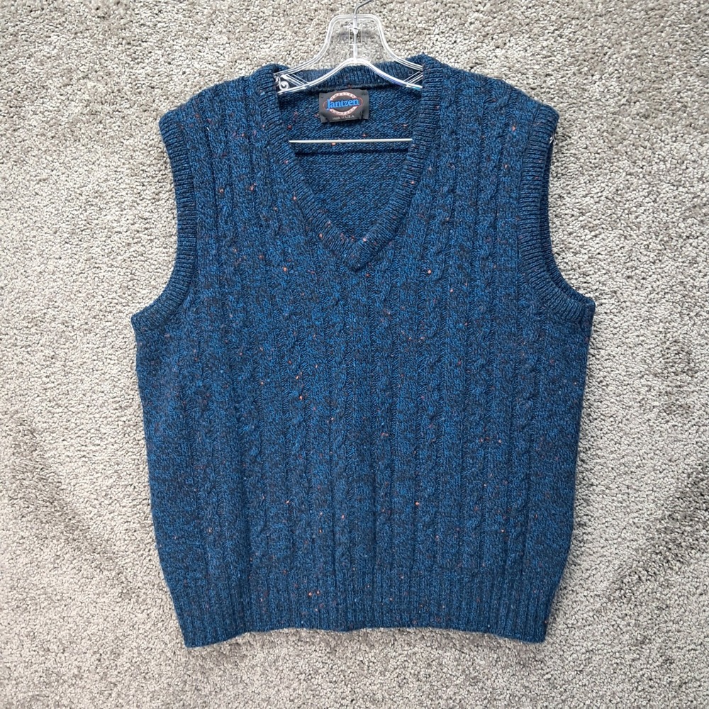 Jantzen Mens Blue Cable Knit V-Neck Sweater Vest Vintage Made in USA Large